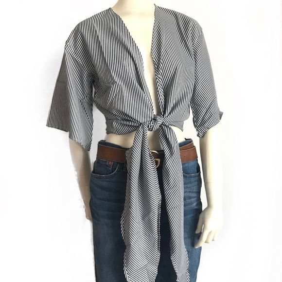 Deep V Tie Front Striped Top S/M/L - Picture 3 of 8